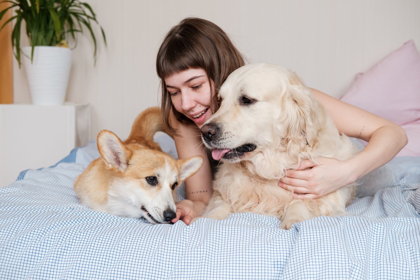 Young Woman with Pet Dog Lying on the Bed