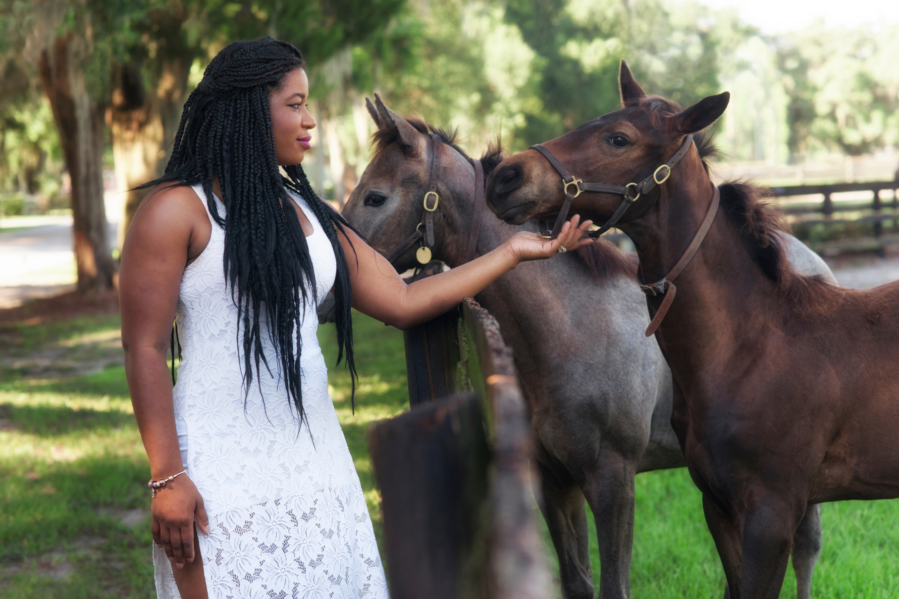 Black woman pets horse